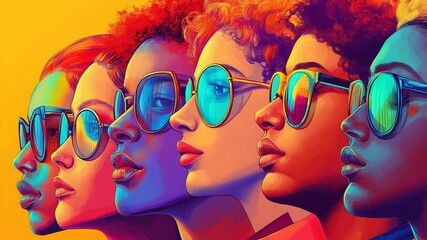Five diverse women wearing sunglasses looking in same direction on vibrant background