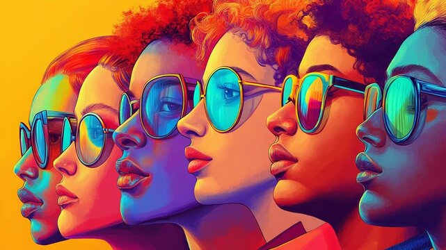 Five diverse women wearing sunglasses looking in same direction on vibrant background