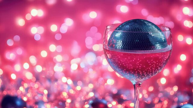 A glass of wine accompanied by a shiny disco ball, perfect for a sophisticated evening or party decoration
