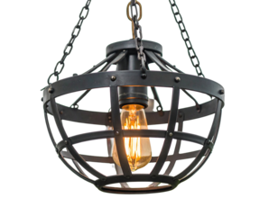 Hanging Pendant Lamp with Metal Cage Shade, isolated on a transparent background.
