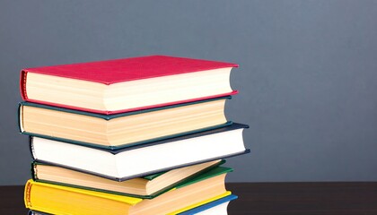 A stack of colorful hardcover books sits on a dark surface against a gray background.