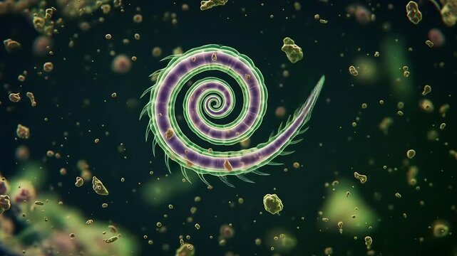 Microscopic tapeworm parasite in human gut bacteria environment