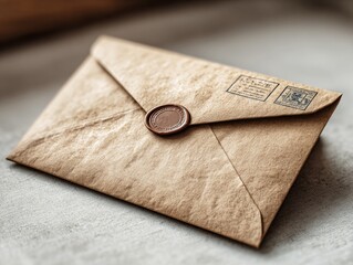 Old envelope with wax seal and postage stamps lying on table