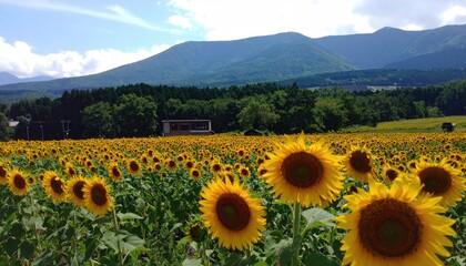 Sunflowers bloom in a field with a building, trees, and mountains in the background.