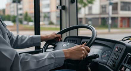City bus driver navigating urban streets public transport environment close-up perspective daily commute experience