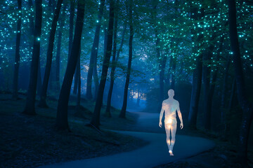 Ethereal man walks on enchanted forest path illuminated by magical glowing lights creating a dreamlike, mystical atmosphere for fantasy narratives or spiritual journeys.