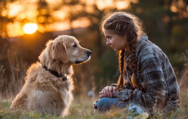 Girl bonding with golden retriever dog at sunset in nature