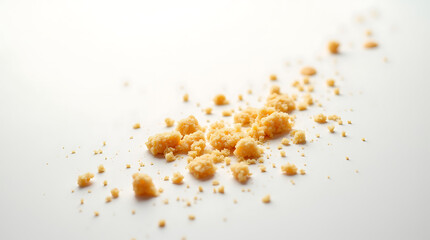 A minimalist composition on a table with crumbs from a croissant or cookie casually scattered on a white surface, contrasting lighting that emphasizes texture and contours.