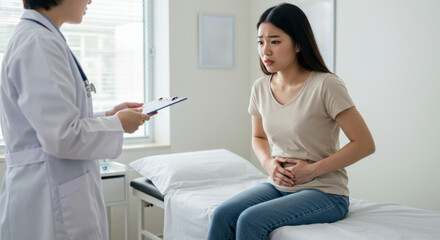 Fototapeta premium Doctor's appointment for abdominal pain relief medical office healthcare scene calm environment close-up view patient care focus