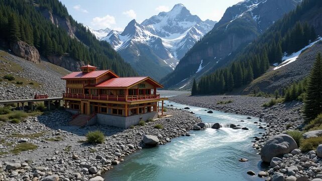 Majestic Yamunotri Temple aerial view amidst snowy Himalayas, sacred riverbanks, serene mountain landscape, 4k drone footage showcasing spiritual beauty and remote grandeur.