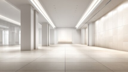 Empty Modern Hall Interior with White Columns and Bright Lighting, Ideal for Commercial Spaces