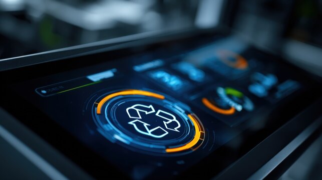 Recycle Symbol on High-Tech Display Screen Illustrating Sustainable Technology and Environmental Consciousness, Innovation