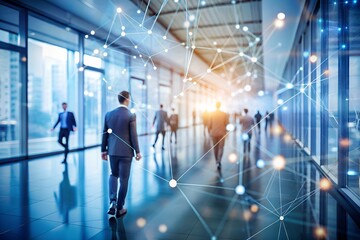 Businessmen Walking in Modern Office Building with Network Connections and Technology