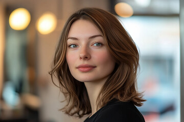 Fototapeta premium Generative AI image of stylish woman in beauty salon during haircut session showing trendy hairdo transformation and modern hair styling