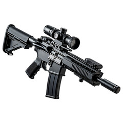 Detailed illustration of modern rifle with scope, showcasing its sleek design and features