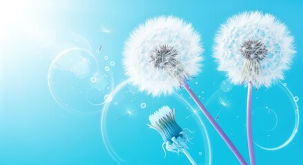 Obraz premium Dandelion Seed Heads Against Blue Sky with Decorative Circular Graphics for Spring or Summer Concepts