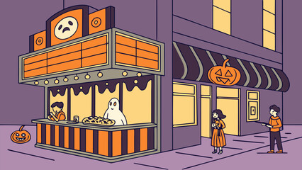 A spooky halloween night scene unfolds as people gather at a concession stand with a ghost vendor and a jack o lantern adorned building