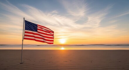 American pride displayed by flag on the beach at sunset, reflecting light
