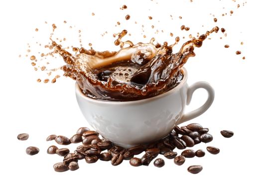Dynamic coffee splash in white cup isolated on transparent background