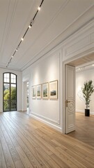 Obraz premium Interior view of a modern art gallery with framed artwork on white walls and natural light