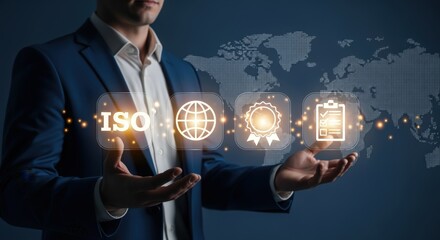 Concept of International Standards Organization: Businessman with symbols representing global quality and standardization, blue background