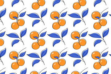 Seamless Pattern with Oranges and Blue Leaves Fresh Fruit Background for Textile Fabrics, Wrapping Paper, Summer Products and Kitchen Decor
