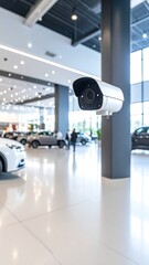 Security camera in a spacious showroom with blurred cars and people