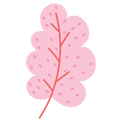 Pink Leaf with Small Line Decorations in Flat Hand Drawn Style. Cartoon branch with tiny leaves isolated on white background perfect for invitations, cards, posters, holidays, print, web.