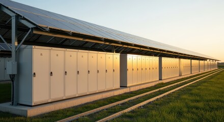 Obraz premium Large-Scale Solar Power Installation with Inverters and Green Field at Sunset, Clean Energy Concept