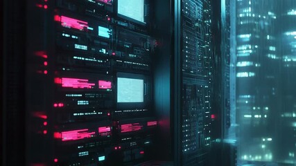 Server racks processing data in futuristic cityscape at night - Powered by Adobe