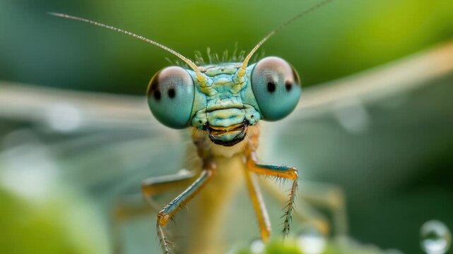 A close-up view of a praying mantis' face, with intricate features and details