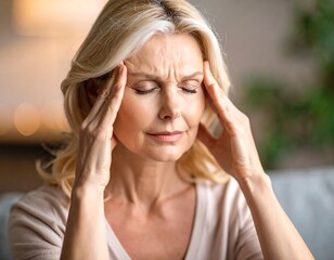 Fototapeta premium Woman with blonde hair, eyes closed, hands on temples, appears stressed or experiencing headache