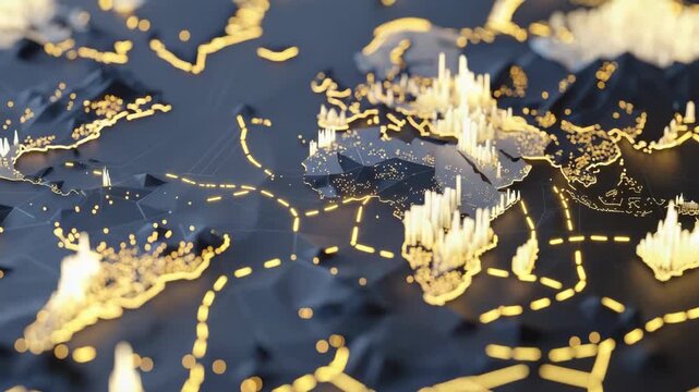 Abstract topographic map landscape shows dynamic terrain with contrasting textures, showcasing topographical details in dark and gold.