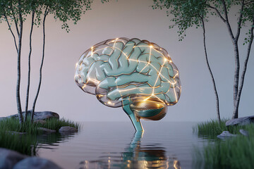 Luminous abstract brain with glowing neural network in serene water reflection, symbolizing thought and innovation amidst nature.