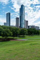 Obraz premium city park with modern building background in shanghai