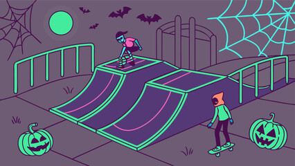 Spooky halloween skatepark scene with pumpkins bats and spiderwebs featuring stylized characters performing tricks under a full moon
