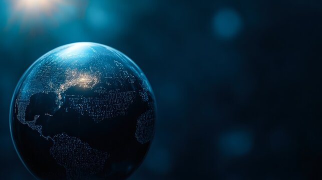 A stunning blue illuminated globe showcasing a digital world map, perfect for technology, globalization, or environmental themes in presentations, websites, and marketing materials, - Powered by Adobe