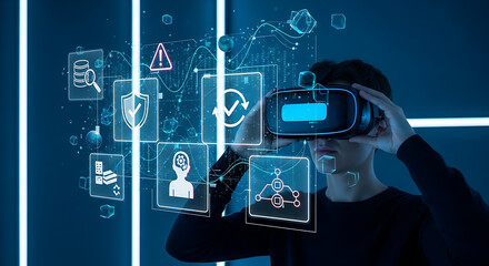 Man wearing vr headset surrounded by digital icons and data visualizations in a futuristic setting