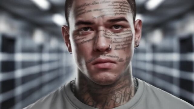 Close-up of young man's face, extensively tattooed with script, against blurred industrial background, conveying themes of identity, expression, and confinement