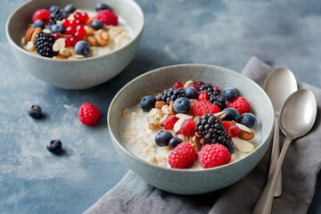 Healthy breakfast with oatmeal, berries, and nuts