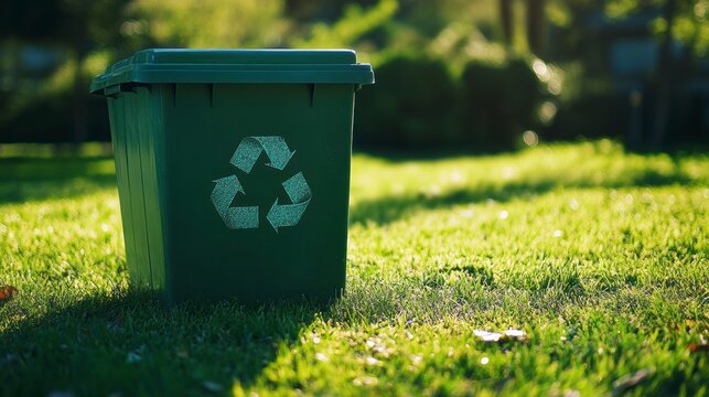 Green recycling bin outdoors on grassy lawn in sunlight.