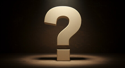 3d question mark, question mark on a blackboard, Large beige question mark symbol stands on wooden surface. Brown warm textured background, dramatic lighting. Illustration reflects questions in busine