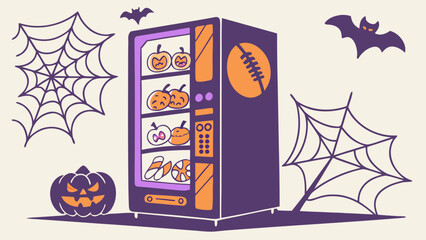 Spooky halloween vending machine filled with pumpkins and treats surrounded by cobwebs and bats perfect for holiday decorations and themes
