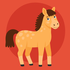 Yellow horse, pony. Cute zodiac horse, new year of the horse. Cute happy animal character on red background.