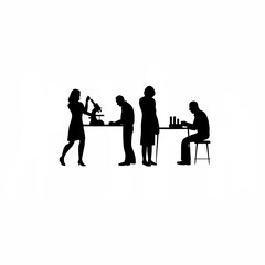 Group of biomedical researchers conducting experiment silhouette isolated on white background