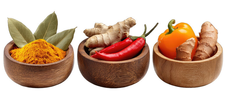 Wooden bowls filled with spices and vegetables