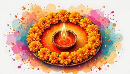 watercolor marigold garland in pooja thali