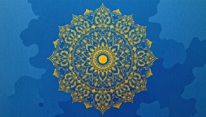 watercolor gold mandala on blue background, indian motif