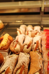 Pastry vitrine filled with Sicilian cannoli in Venice, Italy