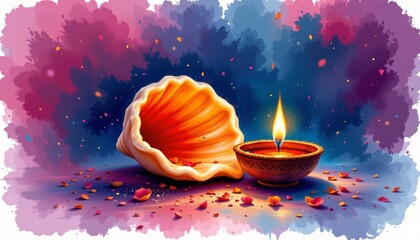 watercolor conch shell and diya lamp, indian festival